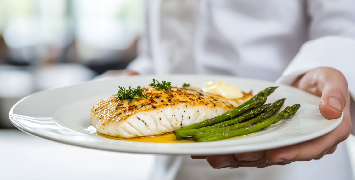Ein Teller mit Fischfilet und Spargel.