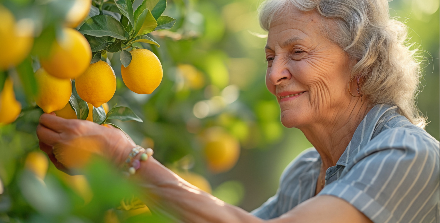 Eine Frau pflückt Zitronen, um die Vorteile von Vitamin C zu nutzen.