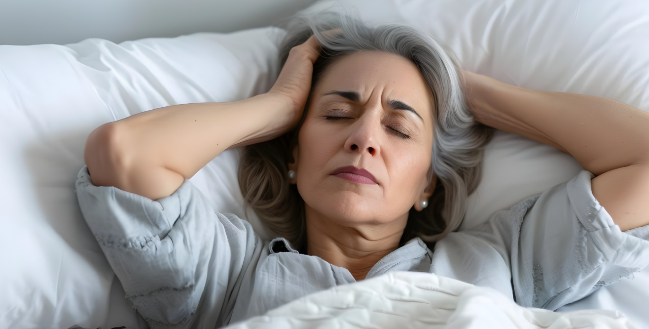 Eine Frau im Bett mit Erschöpfung durch Eisenmangel.
