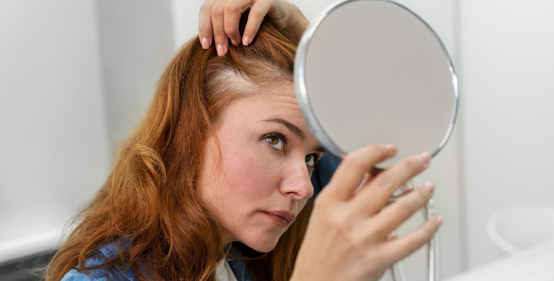 Eine junge Frau sucht mit einem Spiegel erste graue Haare.