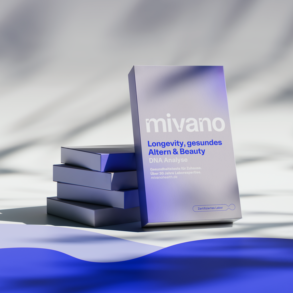 Stapel von Schachteln mit dem mivano health DNA-Test Longevity, gesundes Altern und Beauty.
