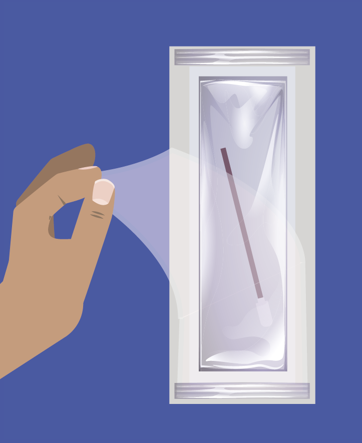 1. Utensilien entnehmen: Wenn Sie den Test mit dem Code im Karton aktiviert haben, entfernen Sie den äußeren Sterilbeutel.