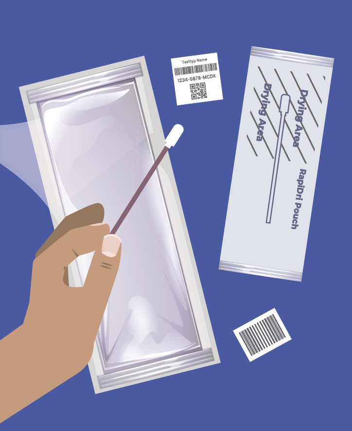 2. Tupfer auspacken: Nehmen Sie den Abstrichtupfer aus dem Sterilbeutel. Berühren Sie dabei nicht den Tupferkopf, da er verunreinigt werden kann.