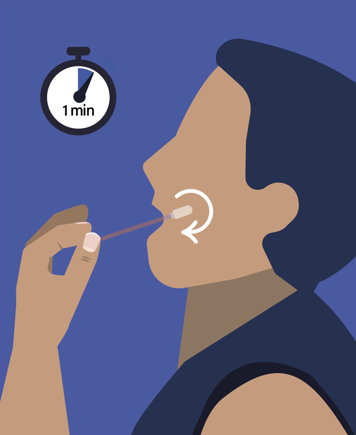 3. Probe nehmen: Führen Sie den Tupfer nach dem Aufwachen 1 Minute lang mit Zahnputzbewegungen an beiden Wangeninnenseiten entlang.