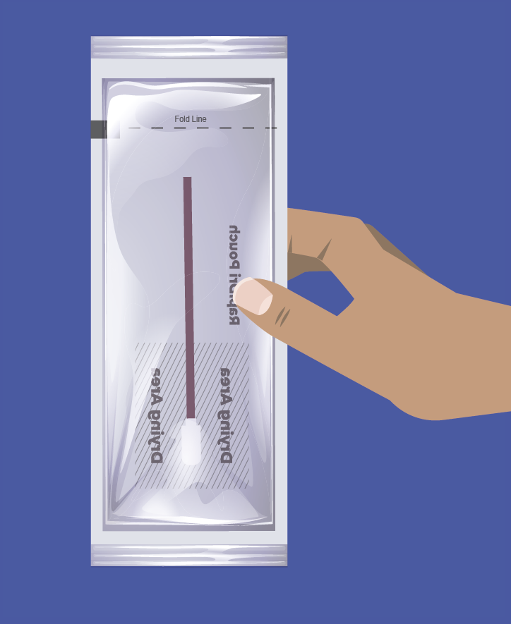 4. Probe verschließen: Öffnen Sie den Beutel „RapiDri Pouch“ und legen Sie den Tupferkopf darin auf die angezeichnete „Drying Area“ (Trocknungsbereich).