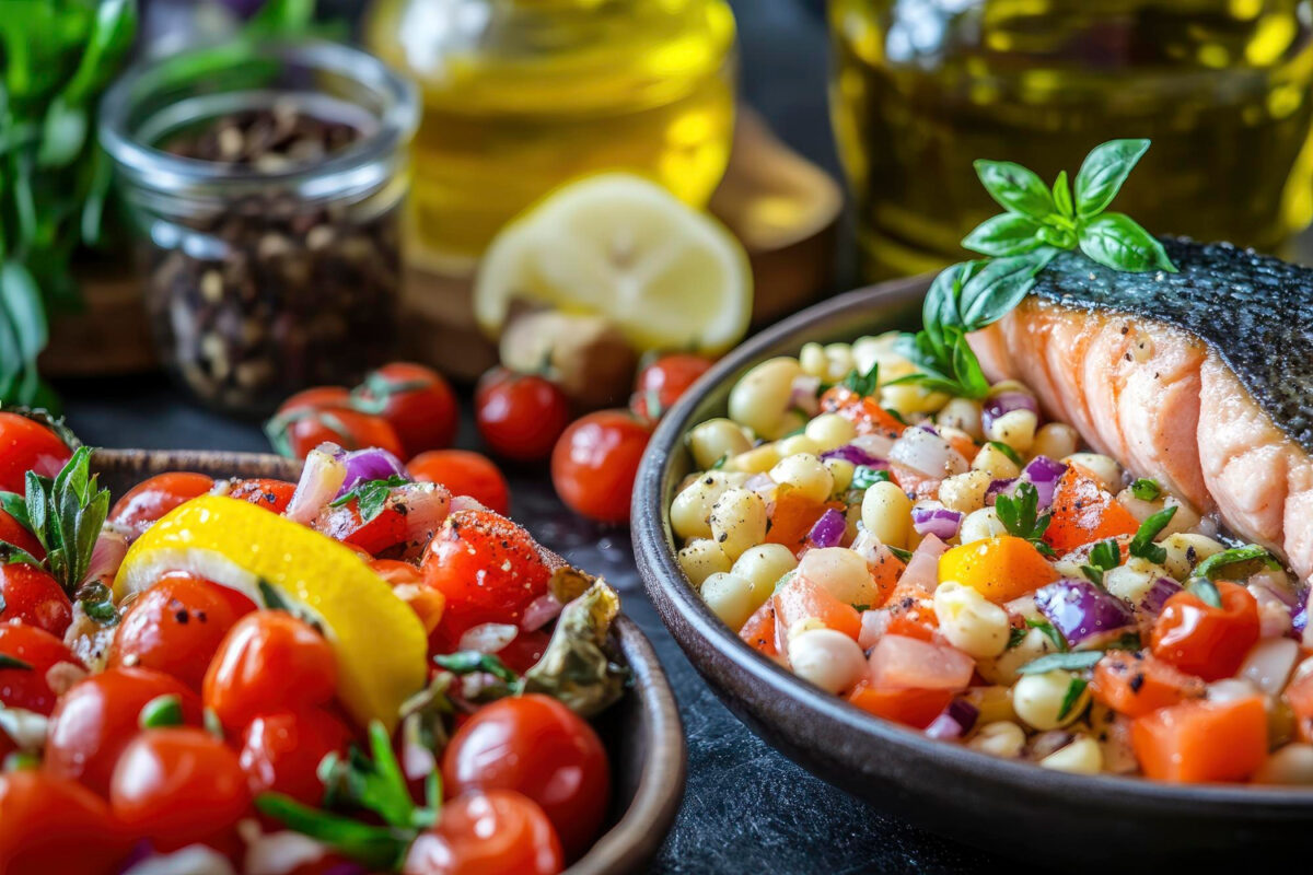 Auf einem Tisch sind Tomaten, Salat und Fisch für die mediterrane Ernährung.