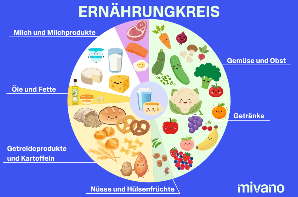 Gesund ernähren mit dem Ernährungskreis: Er zeigt, wie viel von Lebensmittelgruppen täglich gegessen werden sollte.