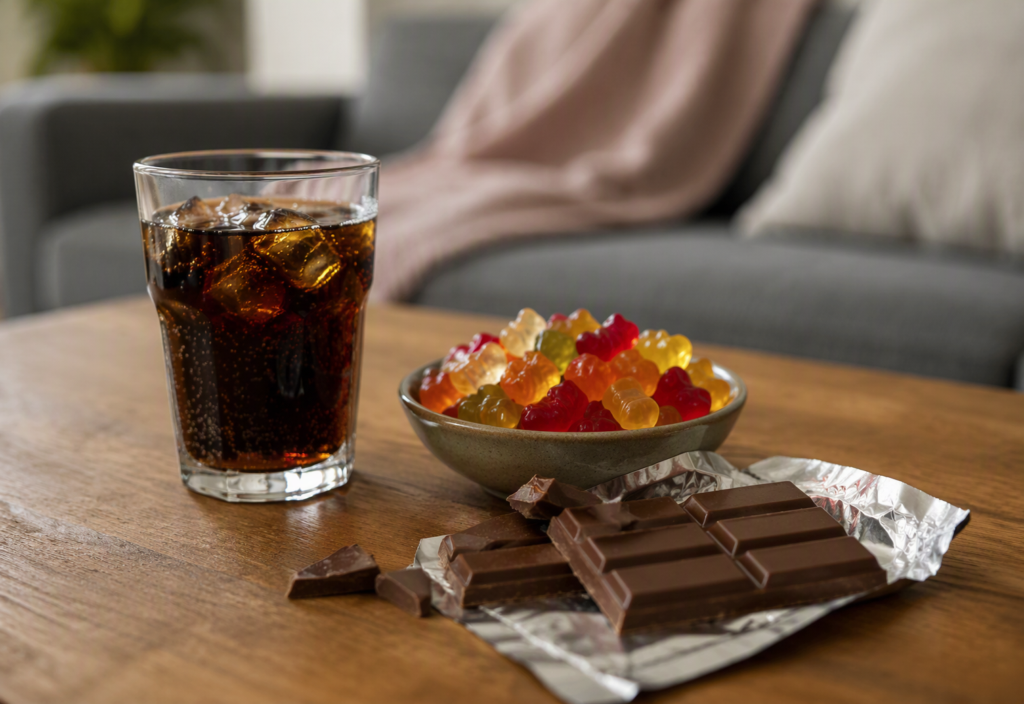 Ein zuckerhaltiges Getränk, Gummibären und Schokolade als Risikofaktor für Fettleber.